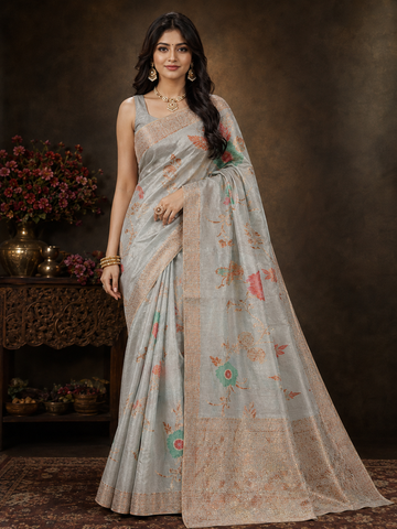Light Powder Blue Floral Tissue Silk Embroidered Saree with Woven Border - TN0006