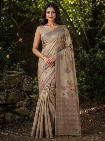 Beige Floral Tissue Silk Embroidered Saree with Detailed Contrast Border - TN0007