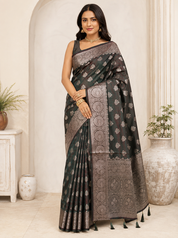 Bottle Green Floral Zari Silk Saree with Intricate Silver Zari Border - TN0009