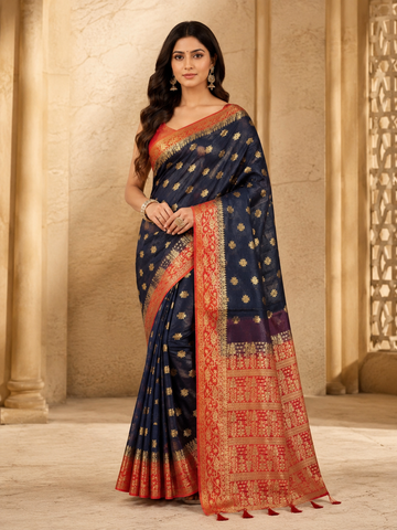 Black and Wine Motif Saree in Muslin Organza with Rich Woven Border - TN0002