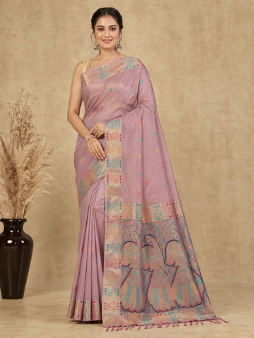 Dusty Rose Pink Peacock Motif Embroidered Saree in Linen Muga with Artistic Pallu - TN0012