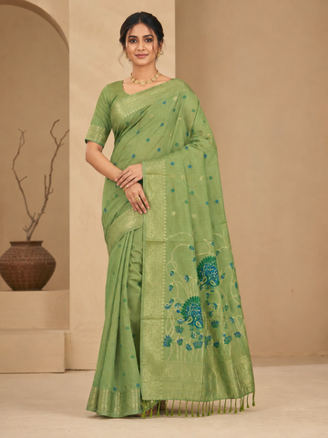 Olive Green Peacock Design Tasar Cotton Embroidered Saree with Gold-Toned Border - TN0010