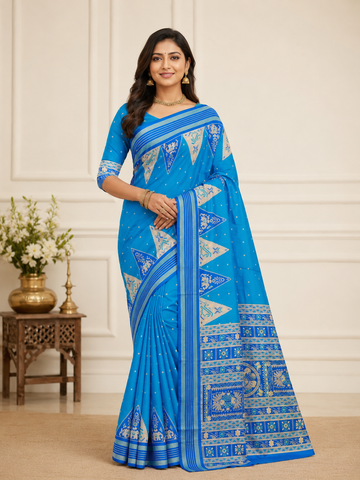 Teal Blue Ikkat Bomkai Silk Saree with Geometric Motifs and Turtle Pallu - TN0020