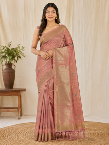 Dusty Rose Pink Floral Tissue Aplic Silk Saree with Gold Border - TN0021