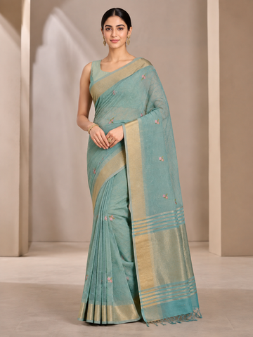 Teal Blue Floral Tissue Applic Silk Saree with Gold Border and Striped Pallu - TN0022