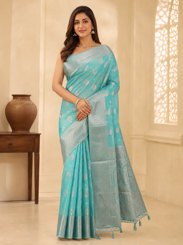 Teal Silk Saree with Silver Zari Buti and Ornate Border - TN0023