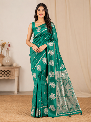 Emerald Green Woven Butti Saree in Poilhani Silk with Floral Border and Rich Pallu - TN0025