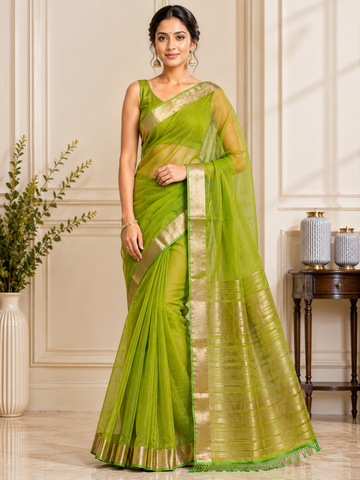 Lime Green Organza Silk Saree with Woven Border and Striped Pallu - TN0033