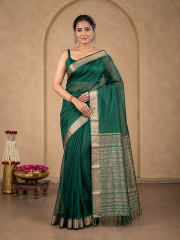 Bottle Green Organza Silk Saree with Woven Floral Border and Striped Pallu - TN0034