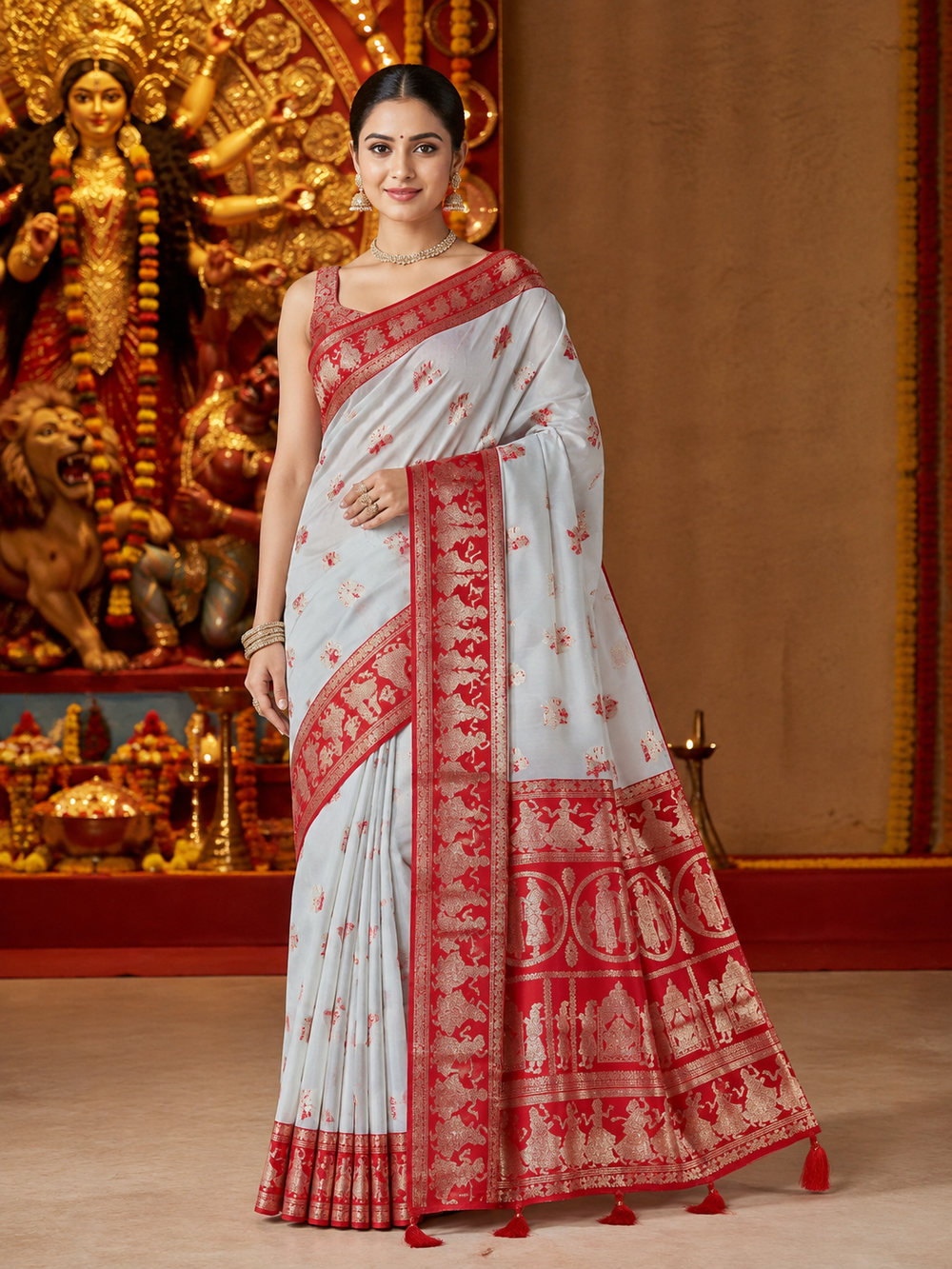 Ashtami Special Red Traditional Motif Silk Saree with Intricate Zari Border - TN0030-31