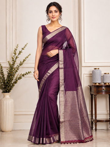 Wine Organza Silk Saree with Woven Border and Striped Pallu - TN0032