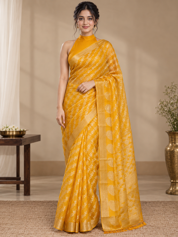 Mustard Yellow Floral Woven Organza Kota Silk Saree with Golden Border - TN0038