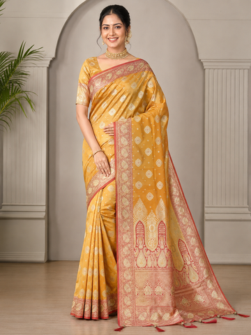 Mustard Yellow Masroo Katan Silk Saree with Traditional Floral Border and Designer Pallu - TN0028
