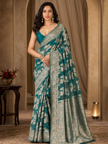 Teal Green Floral Saree in Organza Kota Silk with Floral Border and Pallu - TN0035