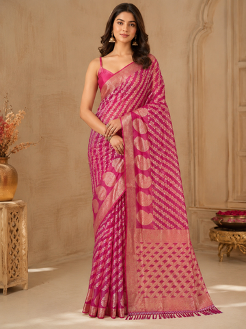Magenta Floral Woven Organza Kota Silk Saree with Contrast Border - TN0036