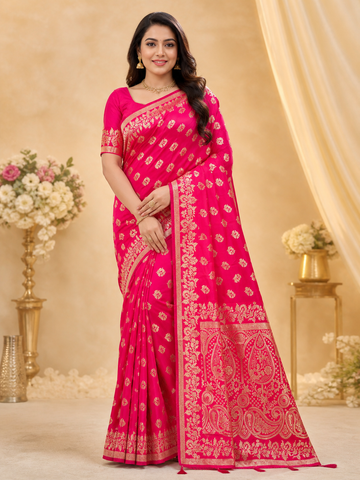 Magenta Silk Saree with Gold-Toned Floral Motifs and Ornate Paisley Pallu - TN0004