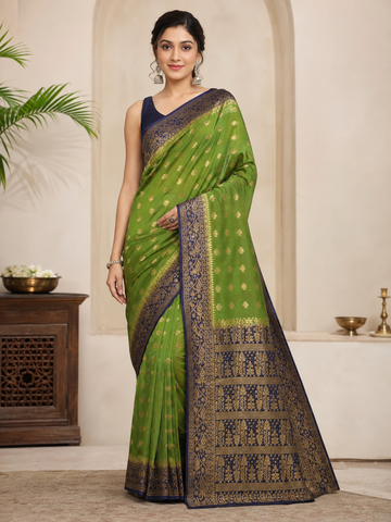 Green Gold Motif Saree in Muslin Organza with Navy Blue Patterned Border - TN0003