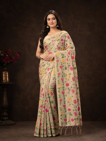 Cream Floral Zari Work Saree in Banolota Tussar Silk with Multicolor Floral Border - TN0005