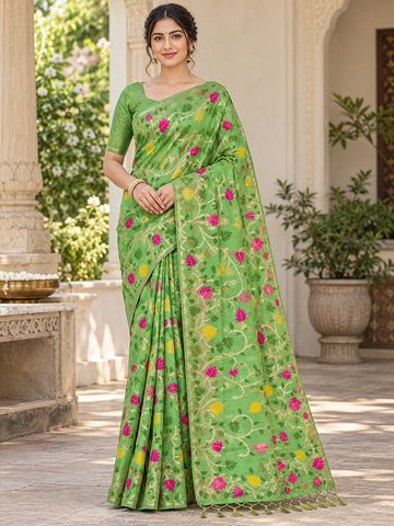 Green Floral Banolota Tussar Silk Saree with Golden Zari Work - TN0008