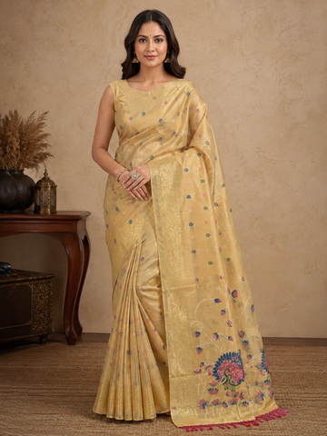 Rich Golden Peacock Motif Embroidered Saree in Tasar Cotton with Floral Pallu - TN0011