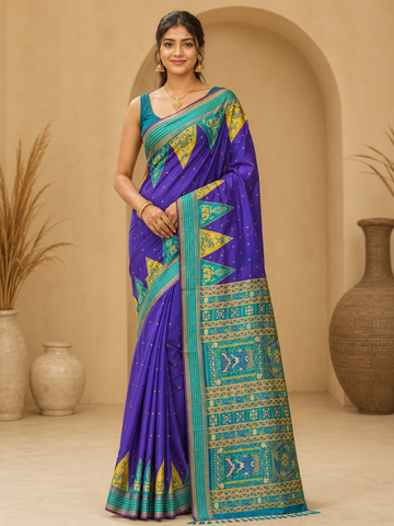 Purple Ikkat Bomkai Silk Saree with Traditional Motif Pallu - TN0019