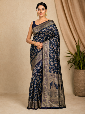 Deep Midnight Purple Floral Jaal Satin Silk Saree with Ornate Paisley Pallu - TN0026