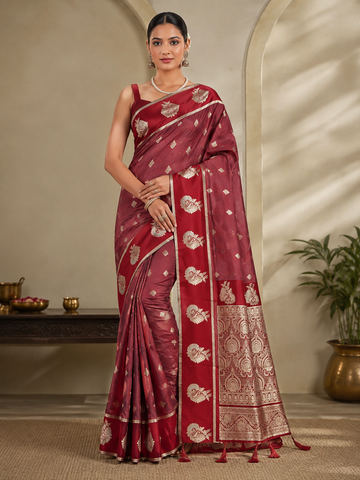 Maroon Poilhani Silk Saree with Traditional Paisley Border - TN0024