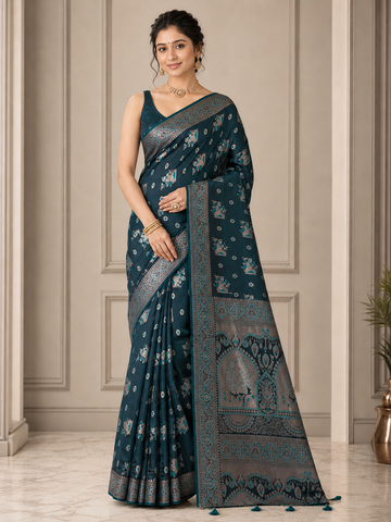 Bottle Green Satin Silk Saree with Elephant Motif Border and Pallu - TN0027