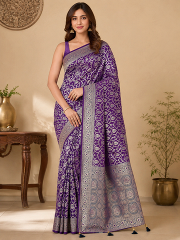 Royal Purple Geometric Jaal Saree in Masroo Katan Silk with Contrast Border - TN0029