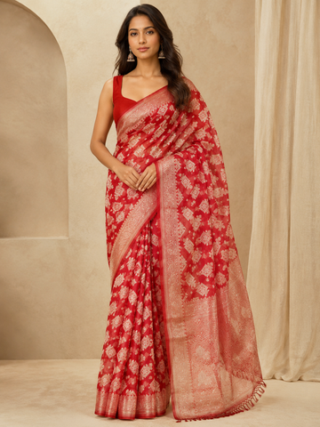 Red Woven Floral Saree in Organza Kota Silk with Ornate Border - TN0037