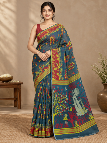 Black Dhakai Jamdani with BP Cotton Saree with Red Border and Scenic Pallu - TN0016