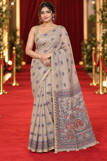Beige Floral Nimjhori Embroidered Cotton Saree with Decorative Pallu - TN0017