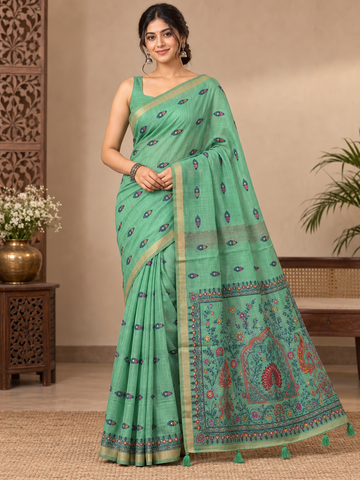 Seafoam Green Nimjhori Embroidered Cotton Saree with Floral Pallu and Gold Border - TN0018