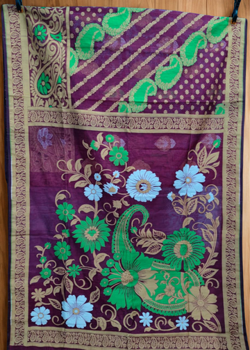 Wine Purple Floral Paisley Dhakai Jamdani Saree with BP in Cotton with Decorative Border - TN0015