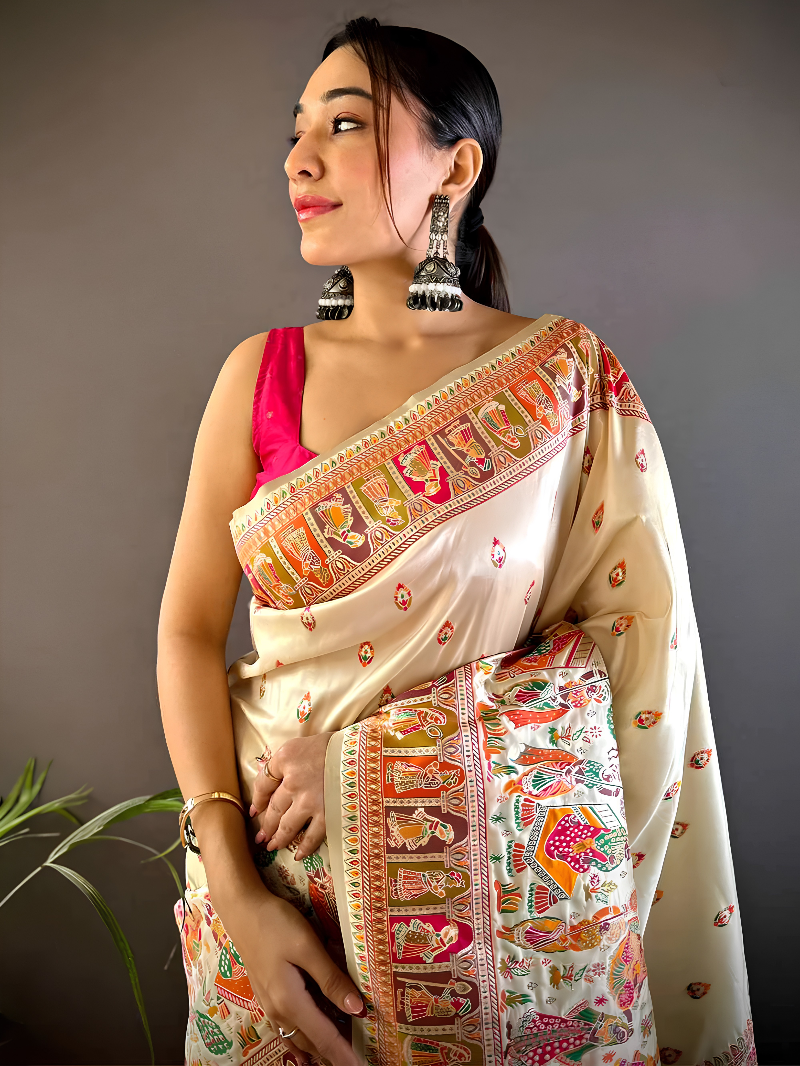 Off White Ethnic Baluchari Silk Blend Saree