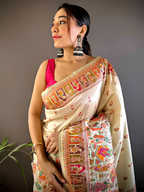 Off White Ethnic Baluchari Silk Blend Saree