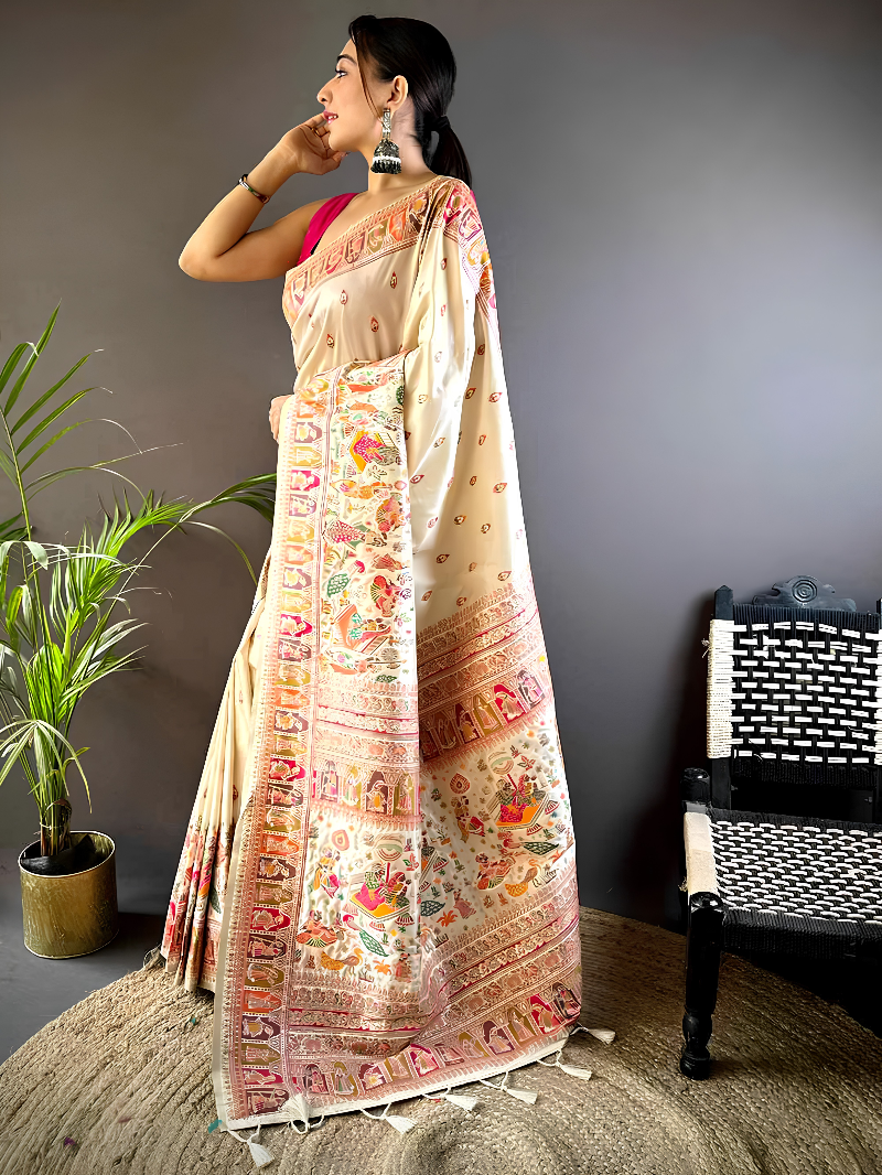 Off White Ethnic Baluchari Silk Blend Saree