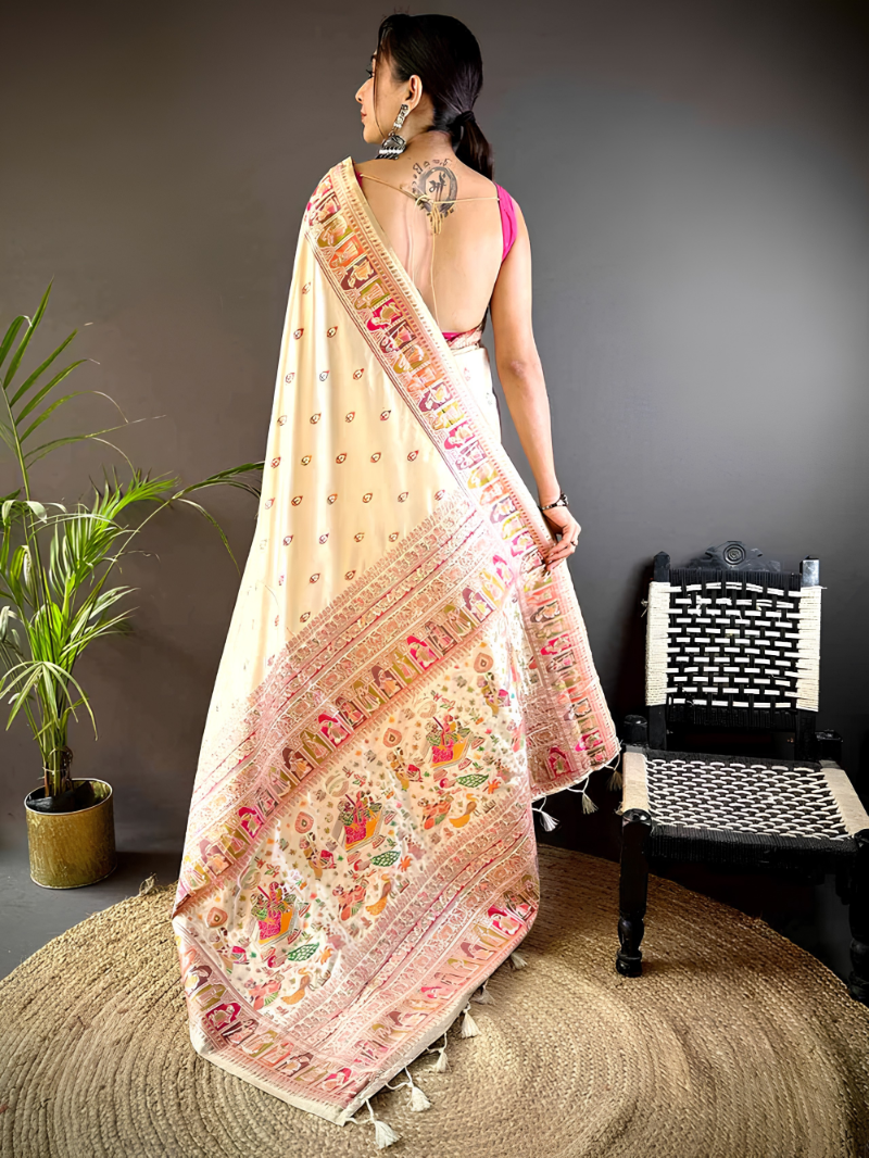 Off White Ethnic Baluchari Silk Blend Saree