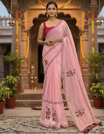 Copy 2 Soft Pink Mulmul Saree | Floral Hand-Embroidery | Lightweight Summer Wear