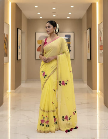 Copy 2 Yellow Soft White Mulmul Saree | Floral Hand-Embroidery | Lightweight Summer Wear