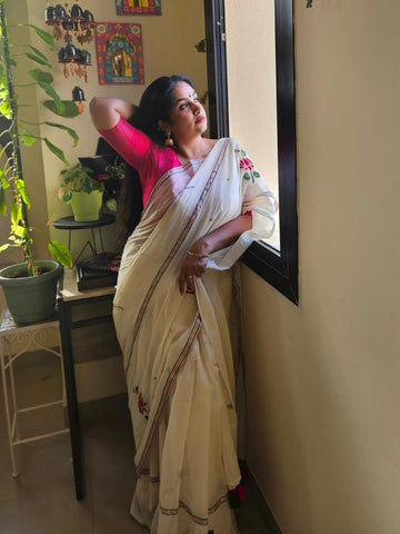 Copy 3 Cream White Embroidery Mulmul Cotton Saree for Women | Soft & Lightweight Ethnic Wear
