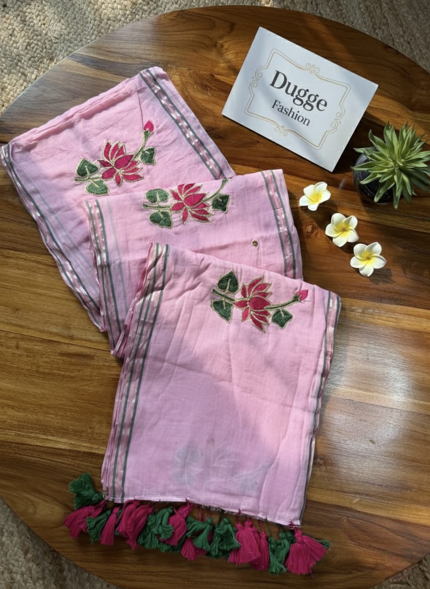Copy 7 Soft Pink Mulmul Saree | Floral Hand-Embroidery | Lightweight Summer Wear
