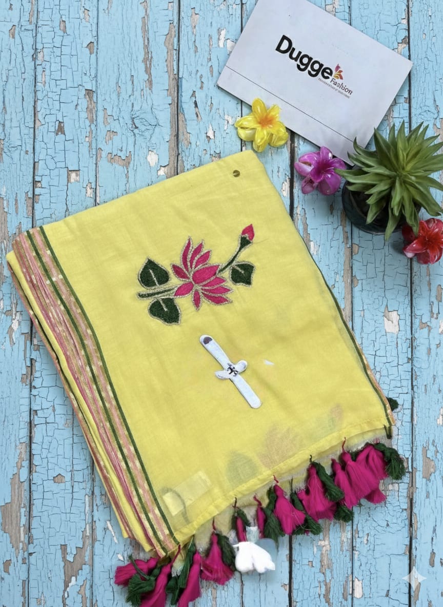 Copy 7 Yellow Soft White Mulmul Saree | Floral Hand-Embroidery | Lightweight Summer Wear