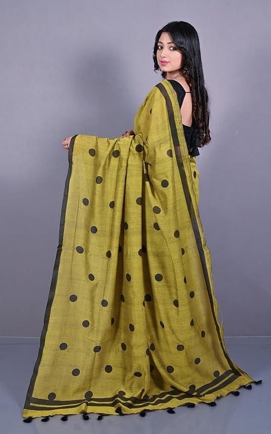 Copy 7 Block Printed Cotton Saree – Traditional Black Dot Motifs