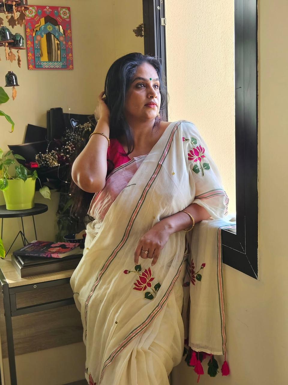 Copy 7 Cream White Embroidery Mulmul Cotton Saree for Women | Soft & Lightweight Ethnic Wear