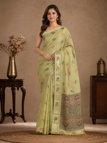Olive Green Motif Embroidered Saree in Linen Muga with Ornate Pallu - TN0013