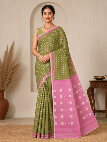 Olive Green Dhakai Jamdani with BP Cotton Saree with Pink Floral Pallu - TN0014